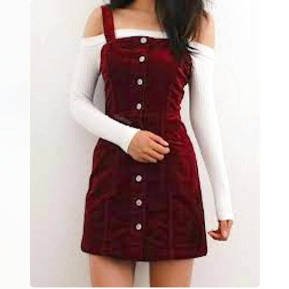 Divided H&M Wine Colored Maroon Jumper Dress Button Down Pockets (XXXS, Fits XS) - Picture 1 of 11